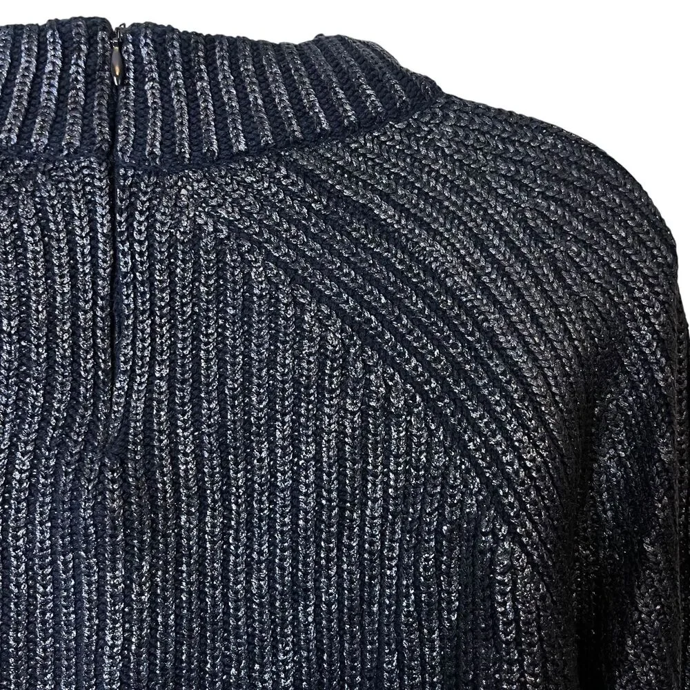 Chicos Womens Cotton Blend Navy Metallic Long Sleeve Chunky Knit Sweater 2 L
